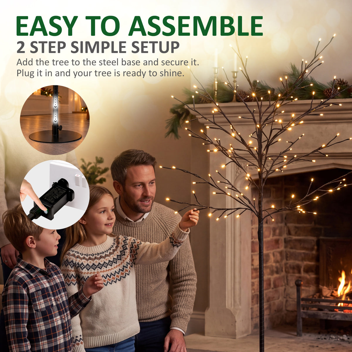 VeryMerry 5FT Birch Twig Tree with 160 Warm White LED Lights, Auto-Off Timer and 8 Lighting Modes, 5M Power Cable