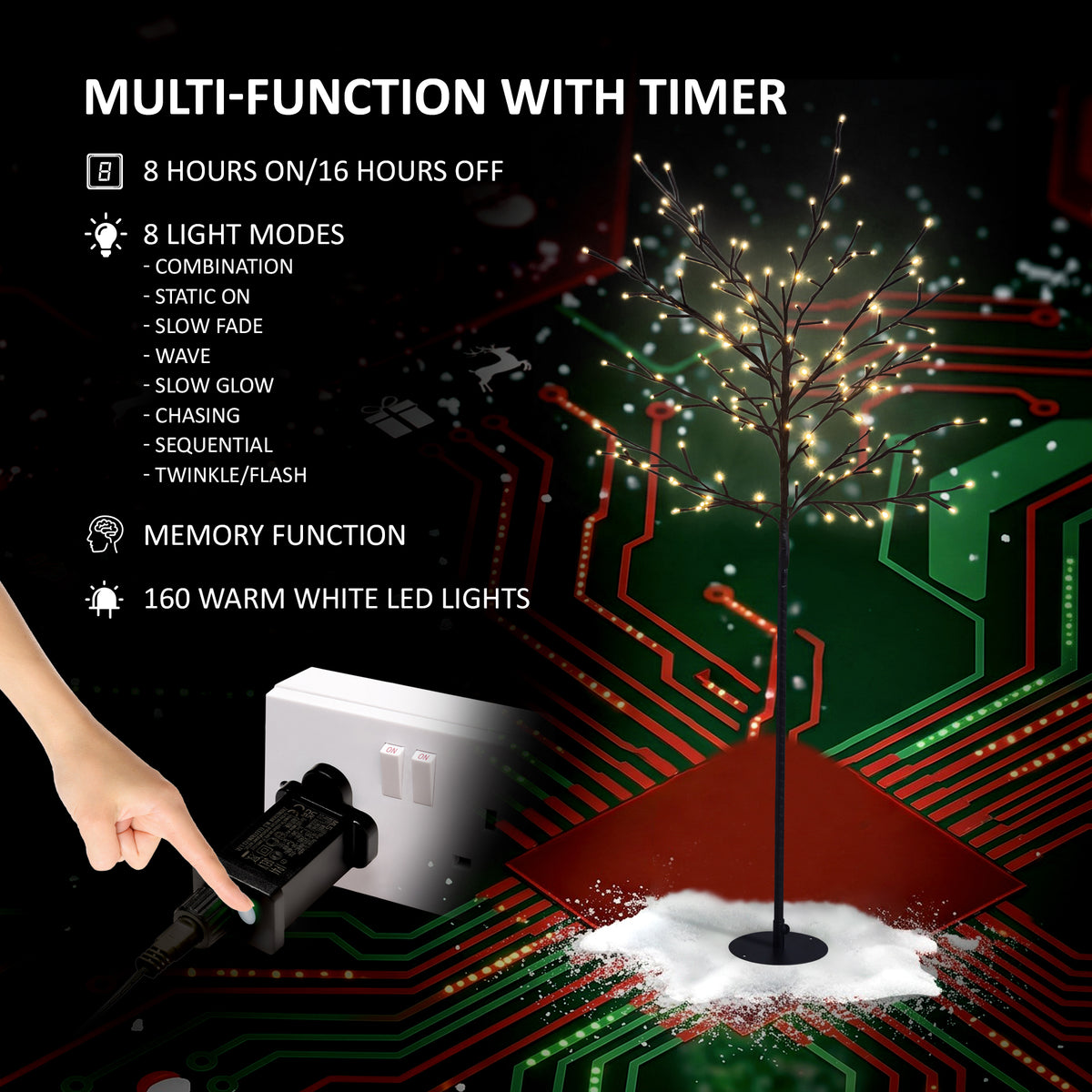 VeryMerry 5FT Birch Twig Tree with 160 Warm White LED Lights, Auto-Off Timer and 8 Lighting Modes, 5M Power Cable