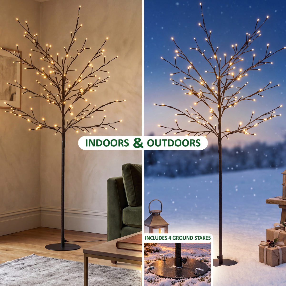 VeryMerry 5FT Birch Twig Tree with 160 Warm White LED Lights, Auto-Off Timer and 8 Lighting Modes, 5M Power Cable