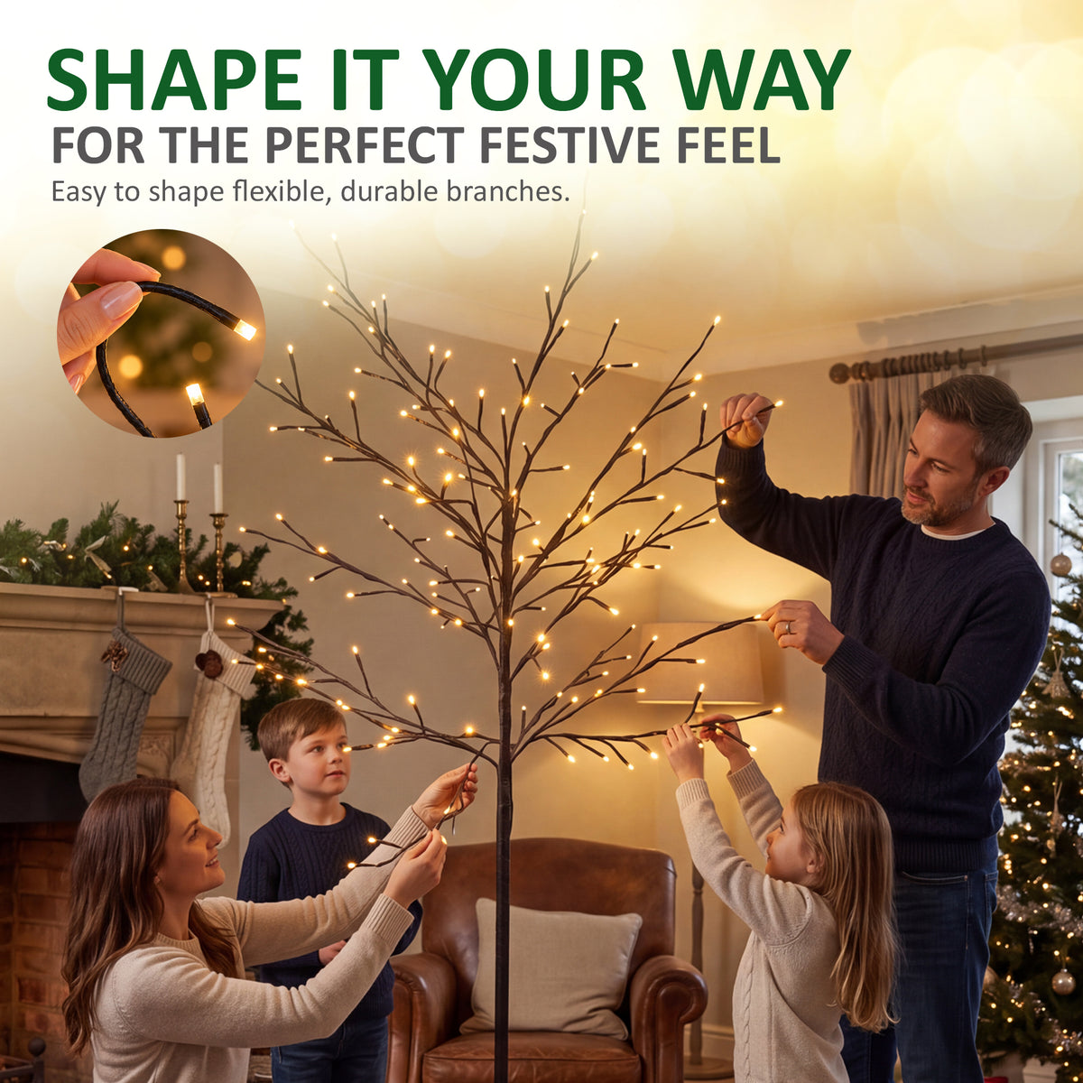 VeryMerry 5FT Birch Twig Tree with 160 Warm White LED Lights, Auto-Off Timer and 8 Lighting Modes, 5M Power Cable