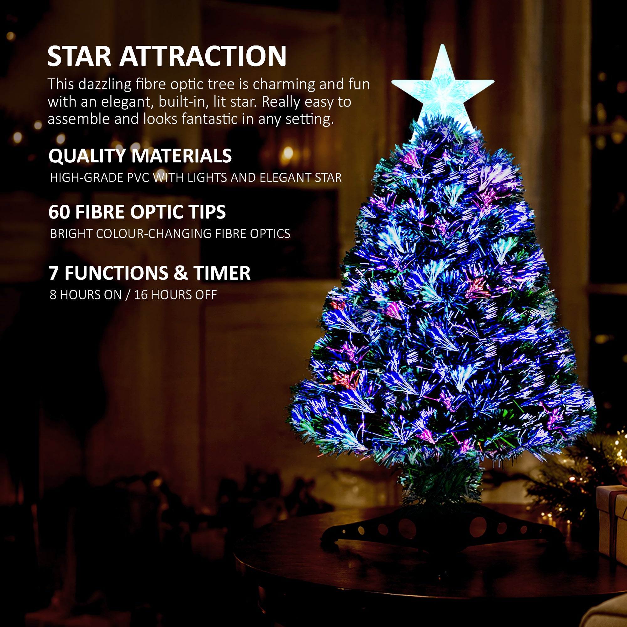 VeryMerry Fibre Optic Christmas Tree with Timer Lights, Pre-Lit Artificial Xmas Tree