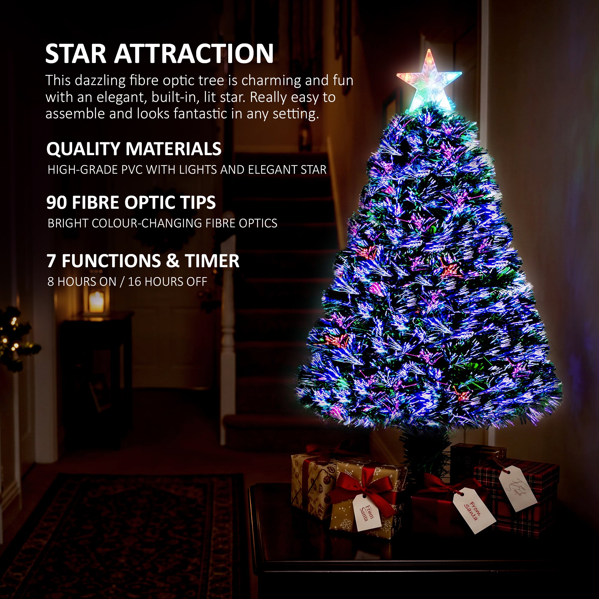 VeryMerry Fibre Optic Christmas Tree with Timer Lights, Pre-Lit Artificial Xmas Tree