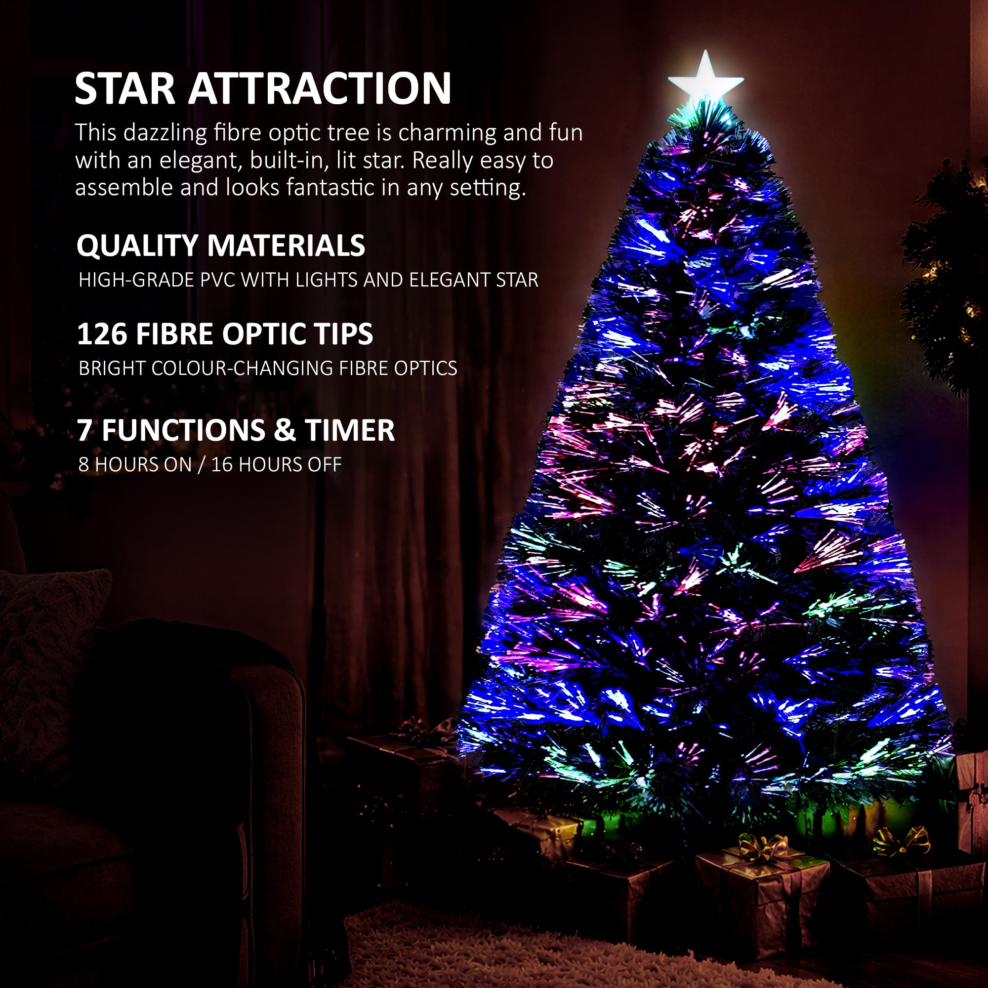 VeryMerry Fibre Optic Christmas Tree with Timer Lights, Pre-Lit Artificial Xmas Tree
