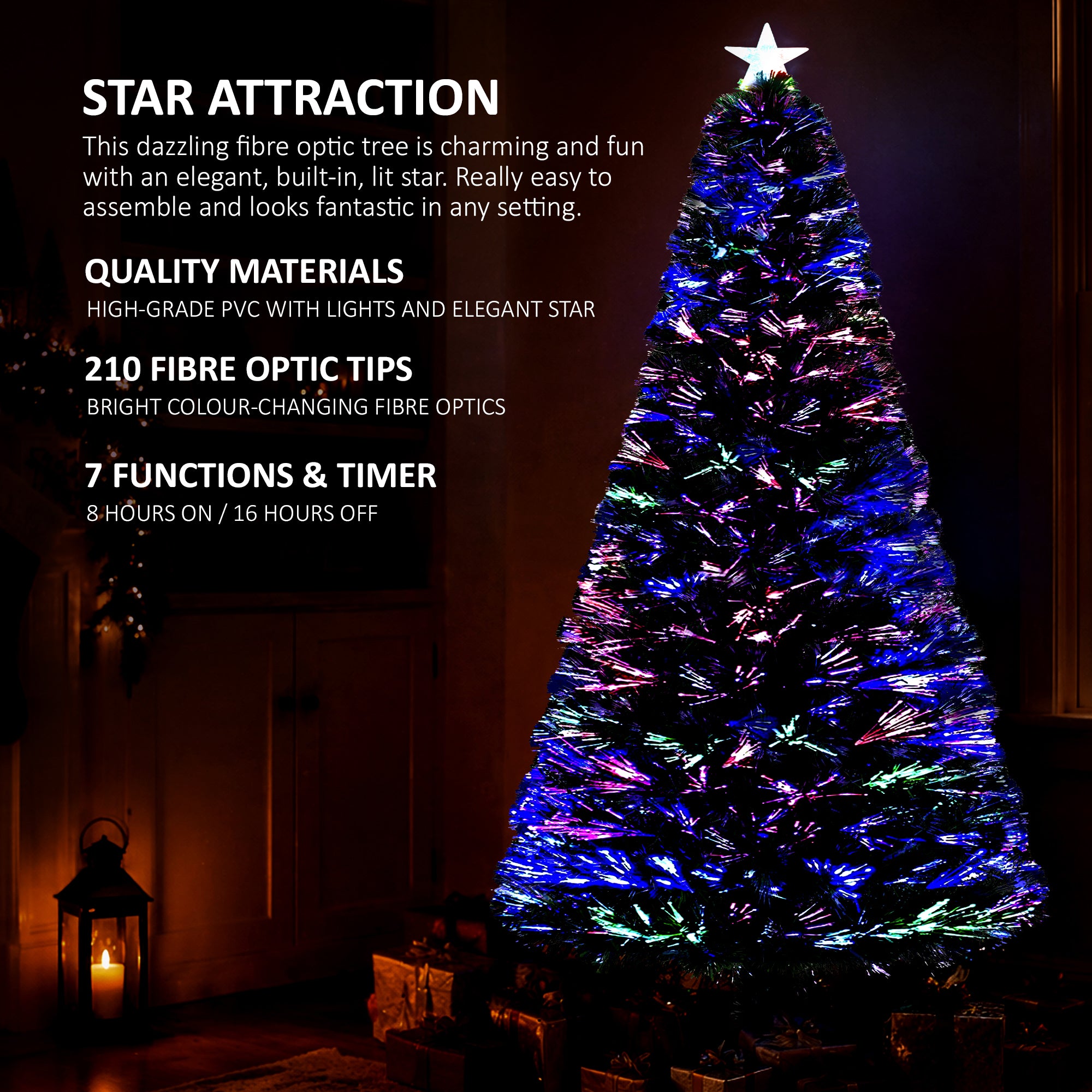 VeryMerry Fibre Optic Christmas Tree with Timer Lights, Pre-Lit Artificial Xmas Tree
