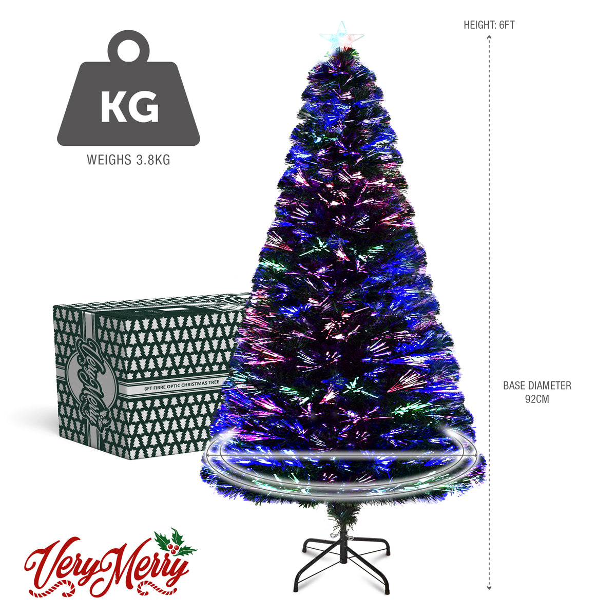 VeryMerry Fibre Optic Christmas Tree with Timer Lights, Pre-Lit Artificial Xmas Tree