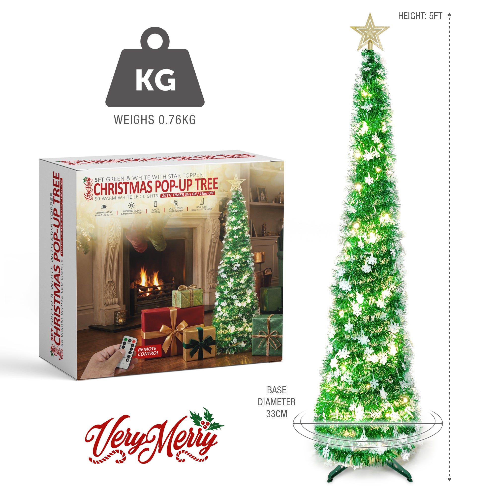 VeryMerry Pop Up Christmas Tree with LED Lights & Timer
