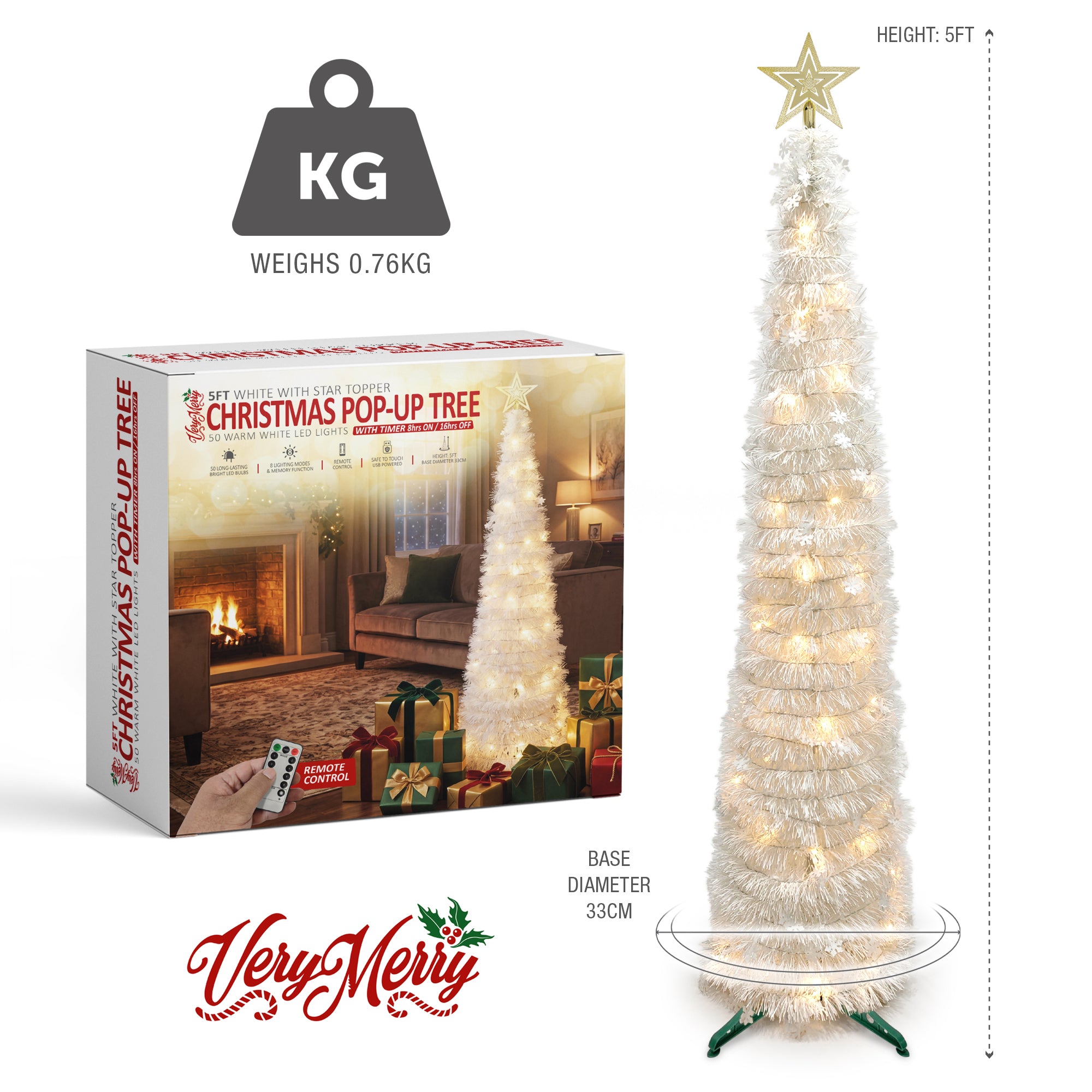 VeryMerry Pop Up Christmas Tree with LED Lights & Timer