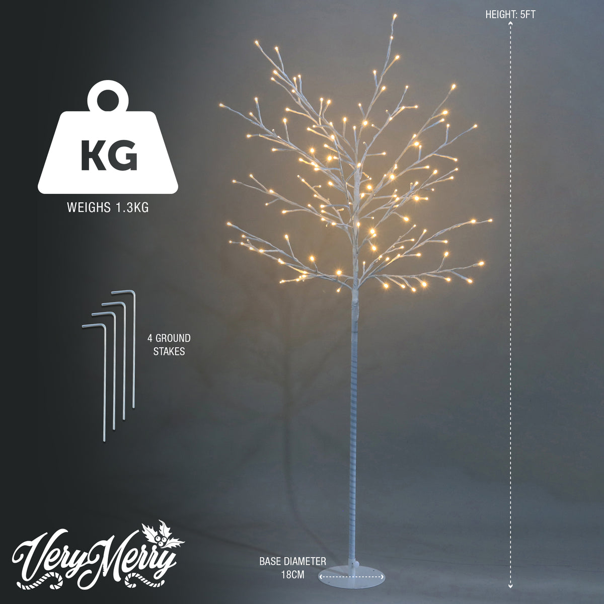 VeryMerry 5FT Birch Twig Tree with 160 Warm White LED Lights, Auto-Off Timer and 8 Lighting Modes, 5M Power Cable