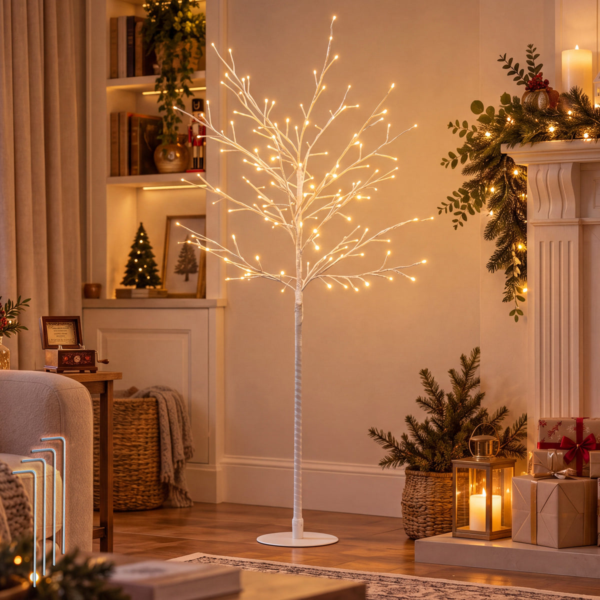 VeryMerry 5FT Birch Twig Tree with 160 Warm White LED Lights, Auto-Off Timer and 8 Lighting Modes, 5M Power Cable