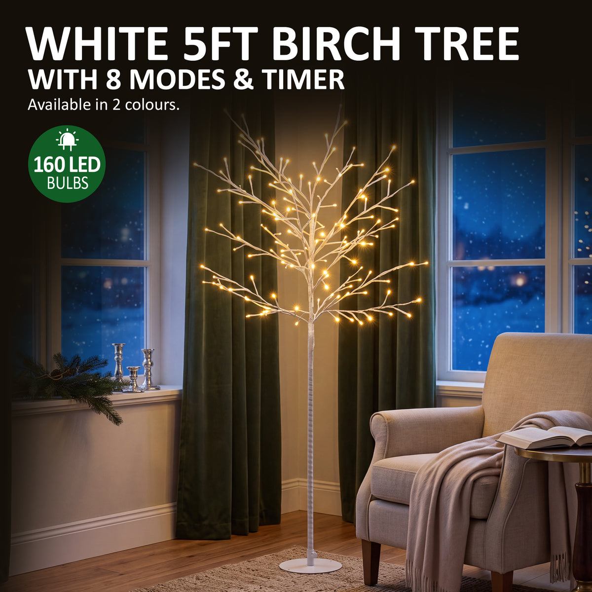 VeryMerry 5FT Birch Twig Tree with 160 Warm White LED Lights, Auto-Off Timer and 8 Lighting Modes, 5M Power Cable