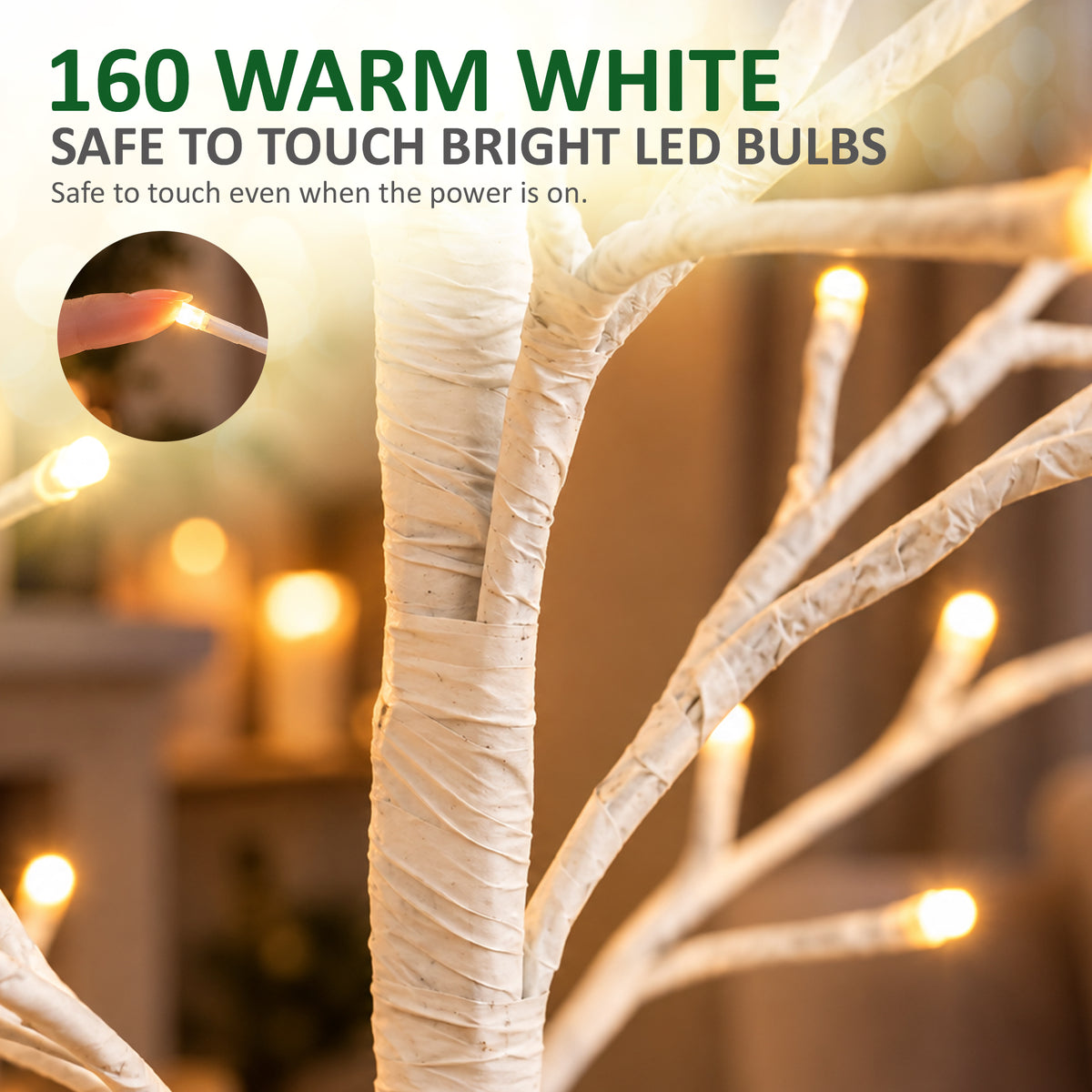 VeryMerry 5FT Birch Twig Tree with 160 Warm White LED Lights, Auto-Off Timer and 8 Lighting Modes, 5M Power Cable