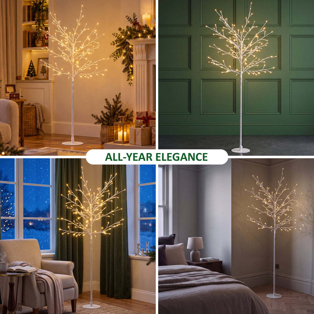 VeryMerry 5FT Birch Twig Tree with 160 Warm White LED Lights, Auto-Off Timer and 8 Lighting Modes, 5M Power Cable