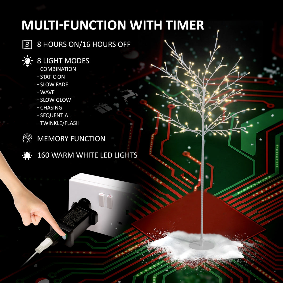 VeryMerry 5FT Birch Twig Tree with 160 Warm White LED Lights, Auto-Off Timer and 8 Lighting Modes, 5M Power Cable