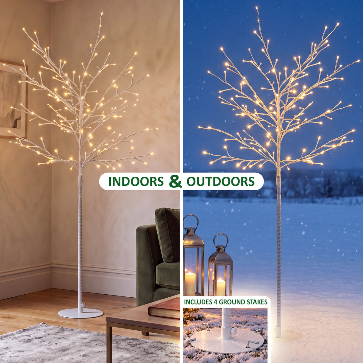 VeryMerry 5FT Birch Twig Tree with 160 Warm White LED Lights, Auto-Off Timer and 8 Lighting Modes, 5M Power Cable