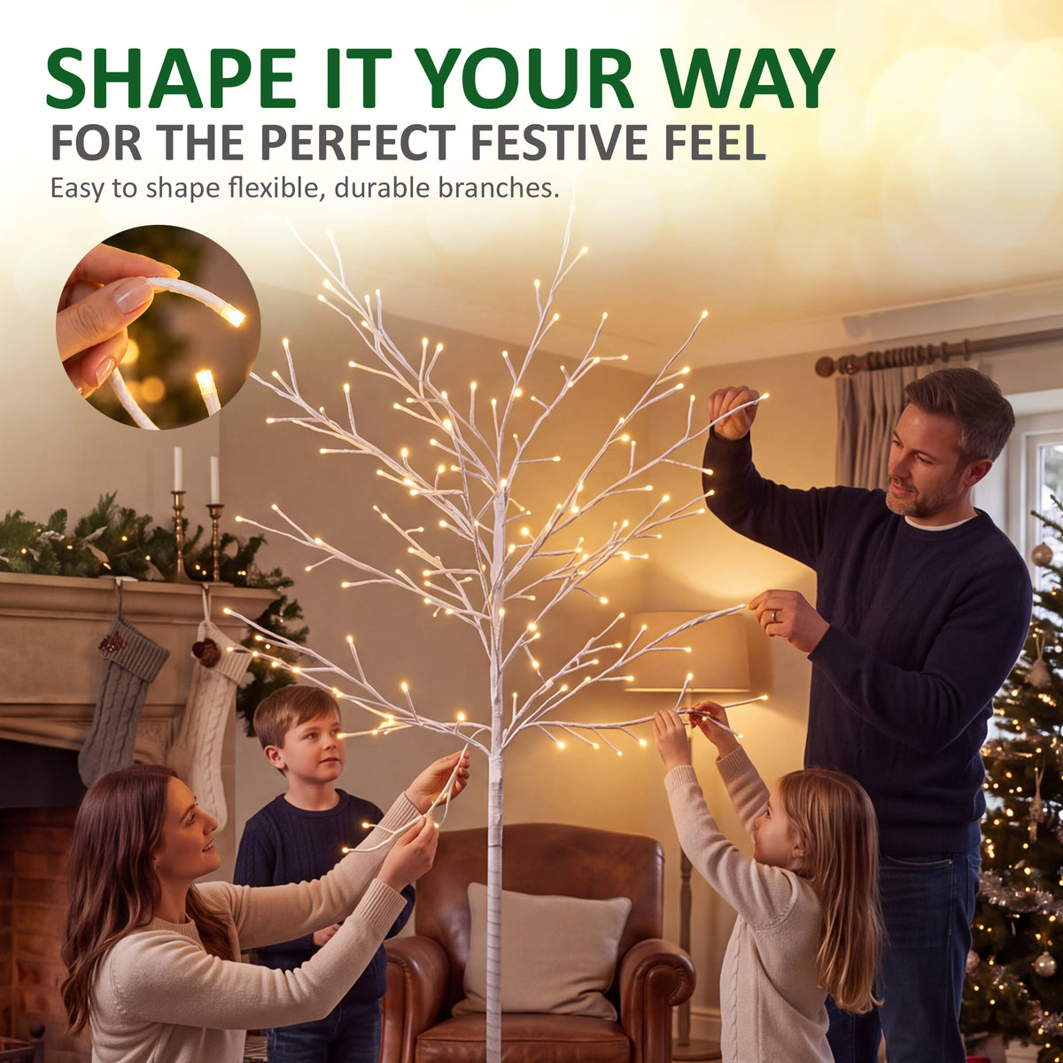 VeryMerry 5FT Birch Twig Tree with 160 Warm White LED Lights, Auto-Off Timer and 8 Lighting Modes, 5M Power Cable