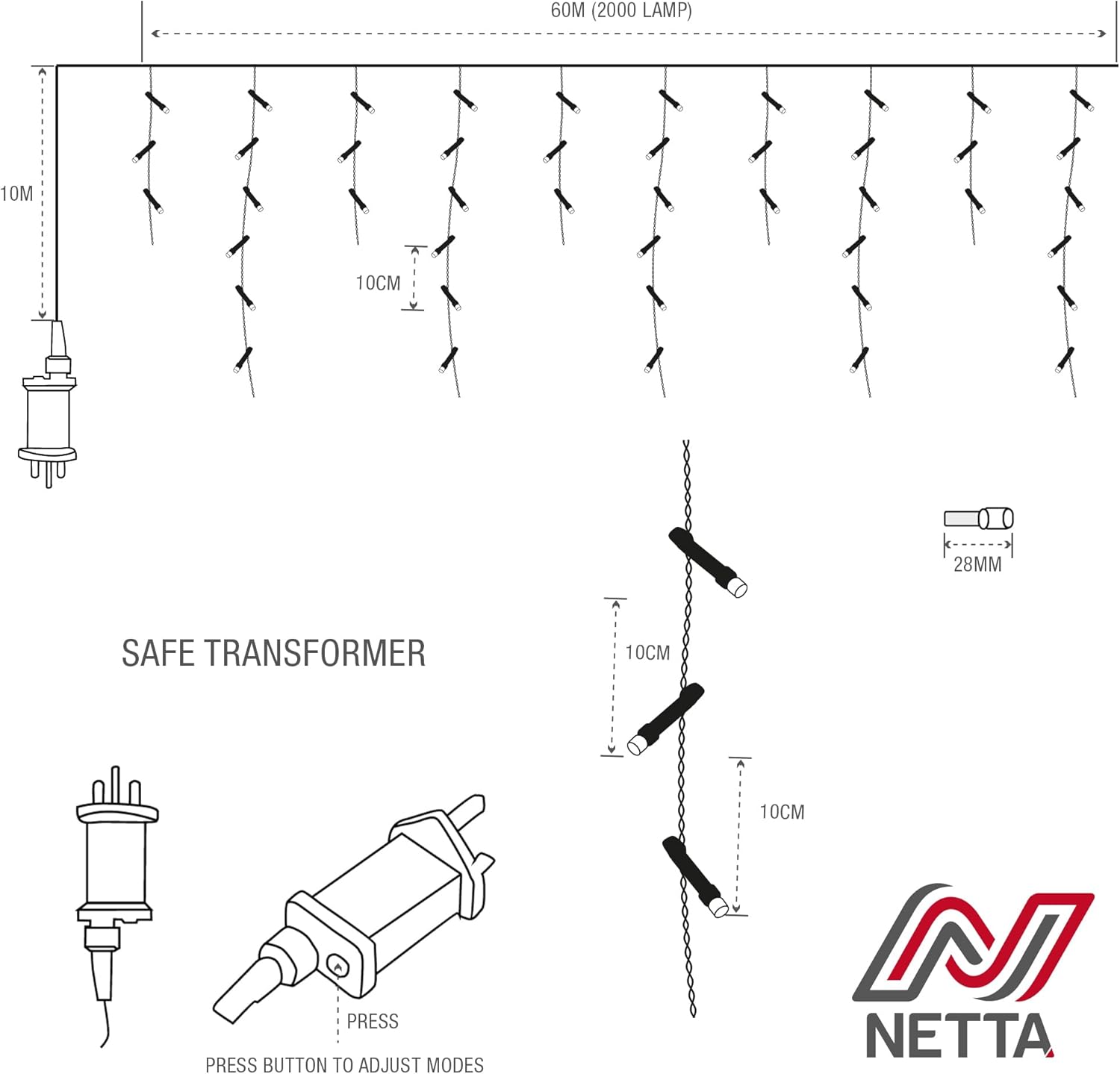 NETTA 2000LED Icicle String Lights - Blue & Cool White