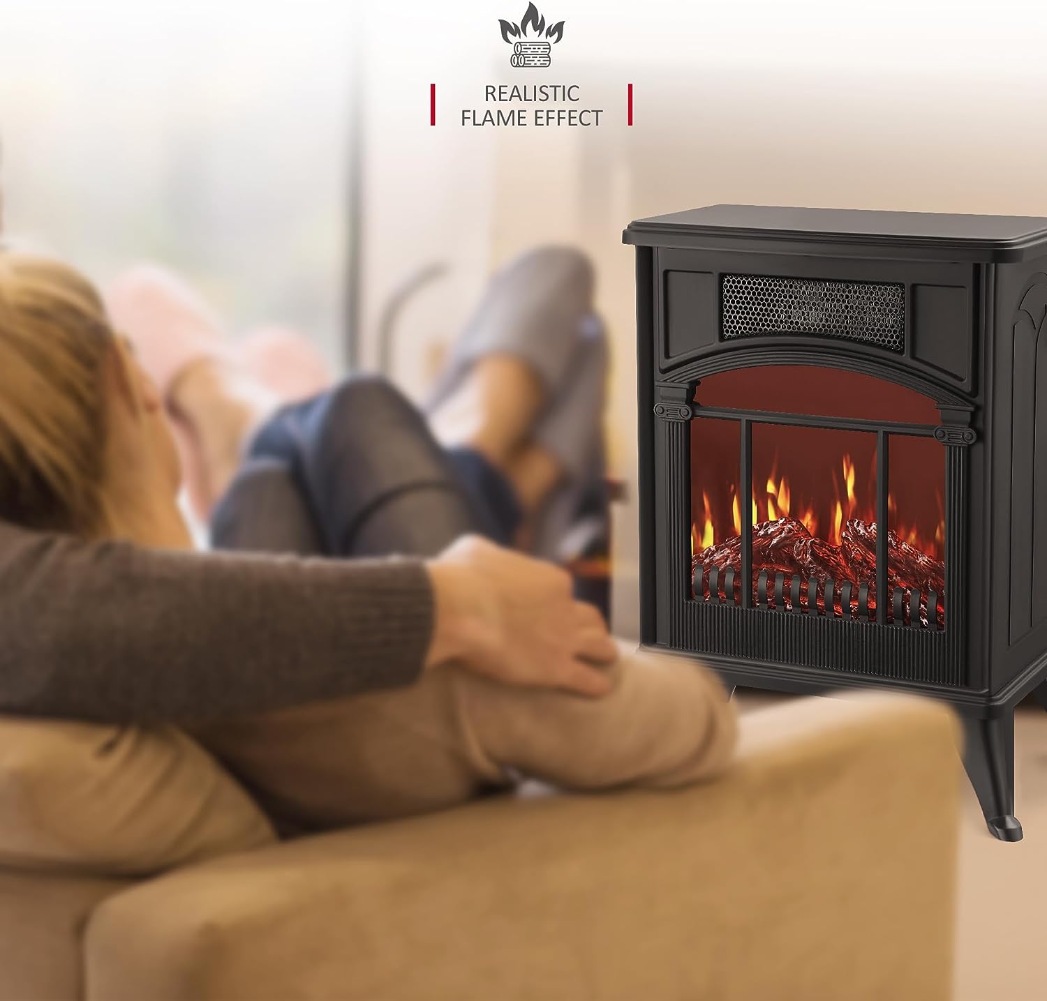 NETTA 1900W Freestanding Stove Heater With Realistic Fire Flame Effect