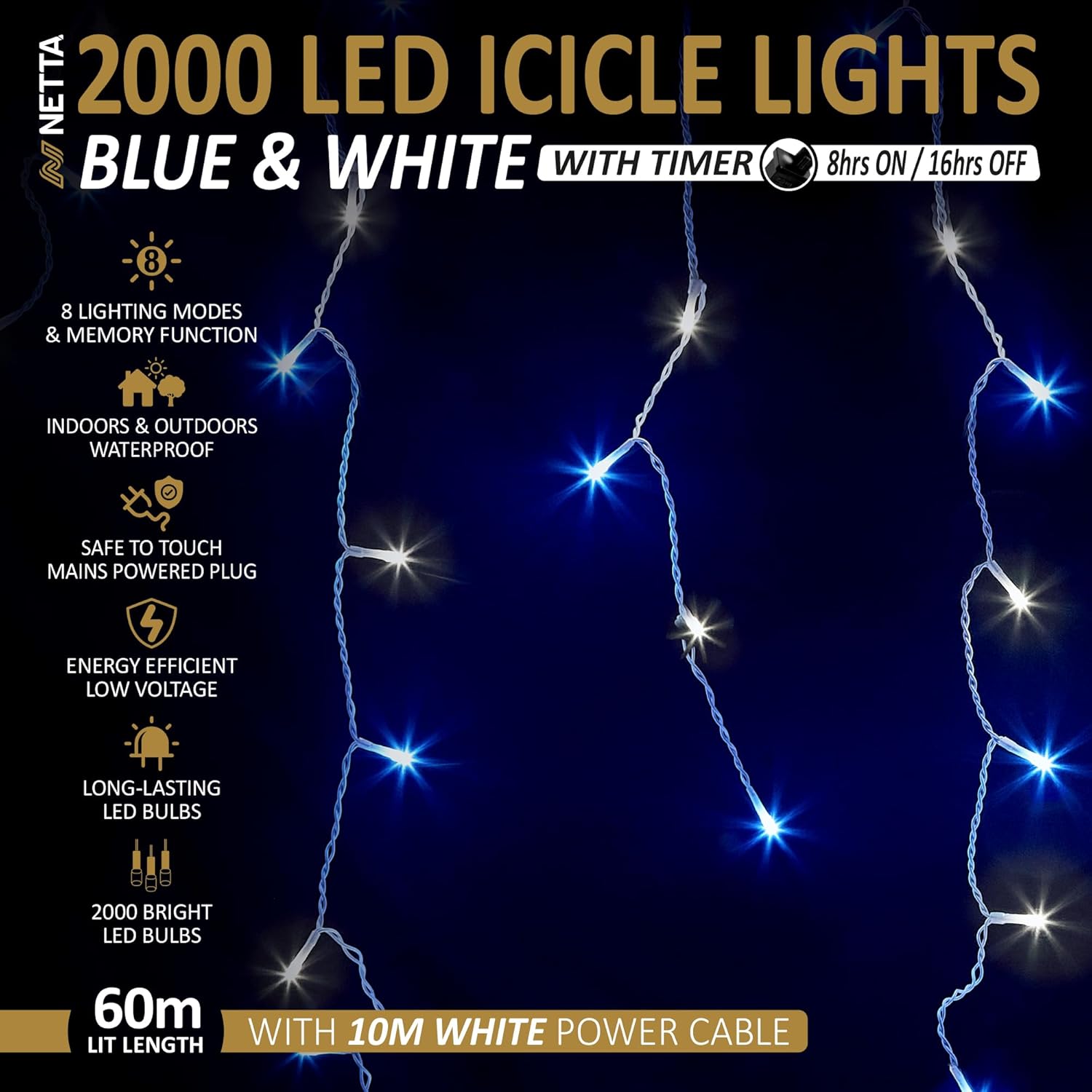 NETTA 2000LED Icicle String Lights - Blue & Cool White