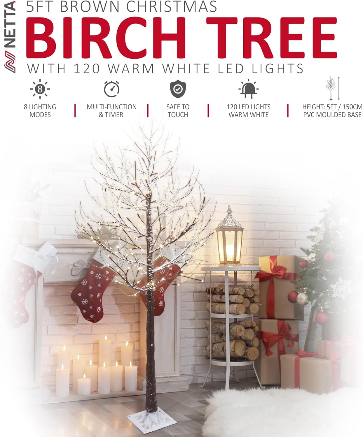 NETTA Birch Twig Tree with Warm White LED Lights - Brown