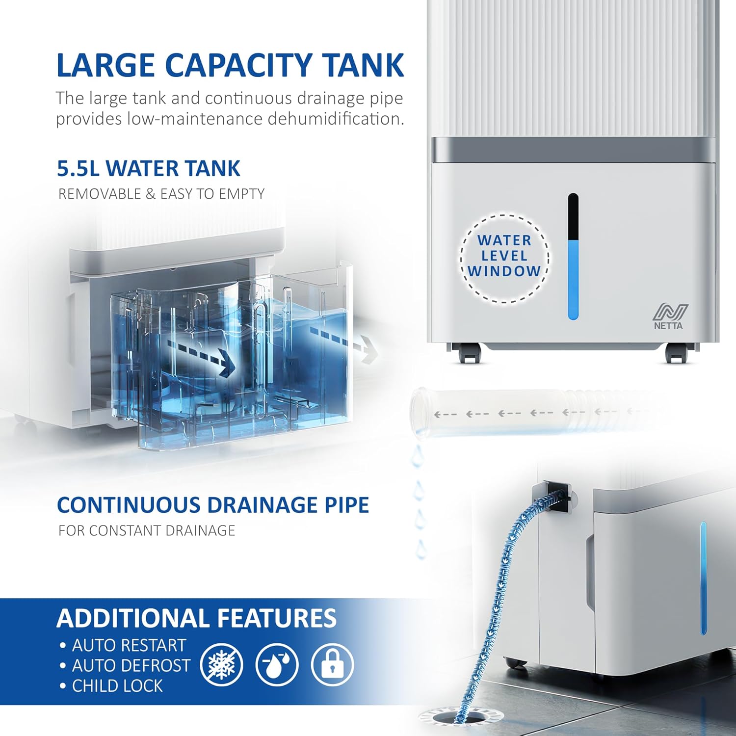 NETTA Dehumidifier 35L/Day - Low noise, Air Filter, Continuous Drainage, Auto Restart, Timer, 5.5L Water Tank, Child Lock