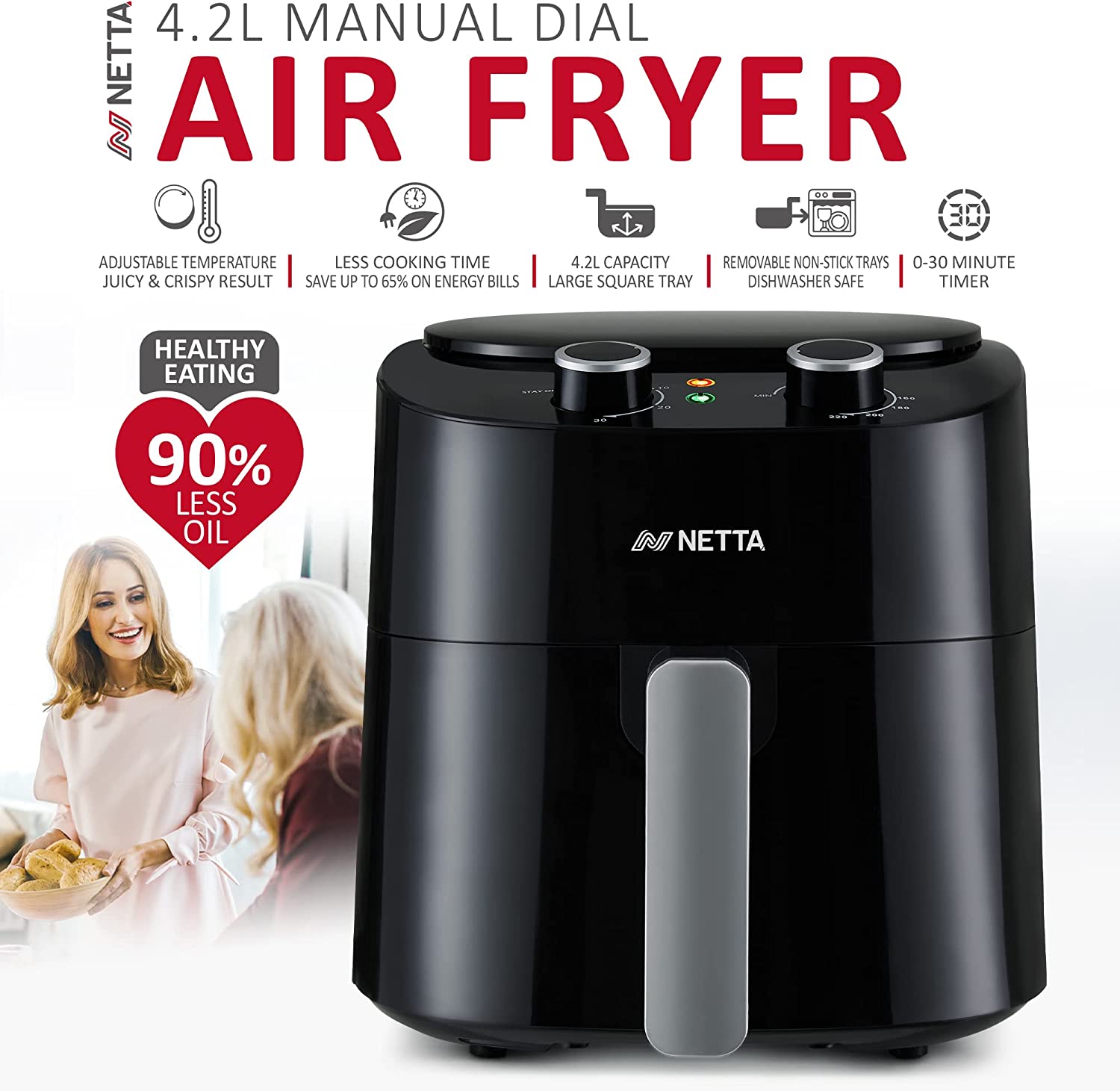 NETTA Digital Air Fryer with Drawer and Detachable Non-Stick Frying Tray