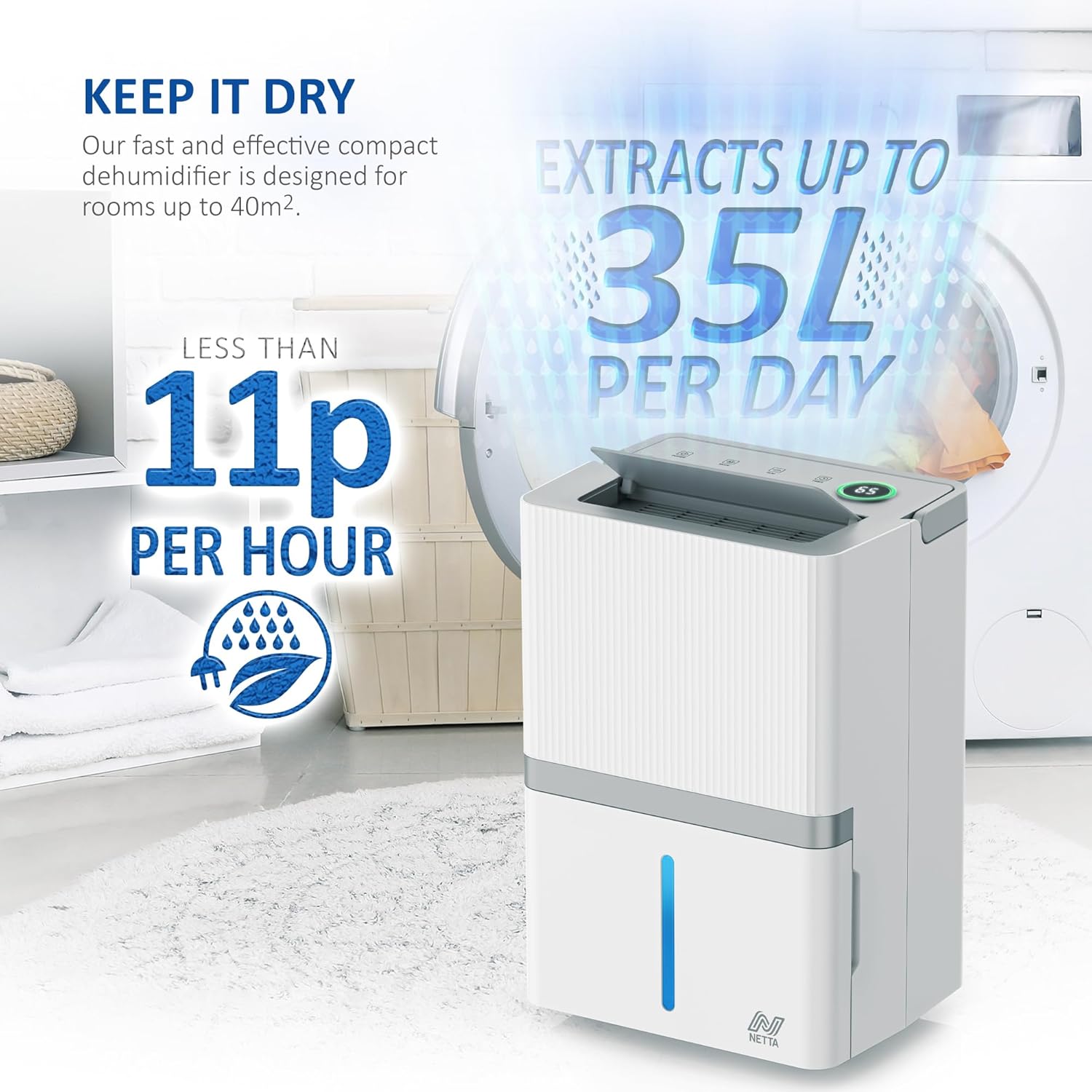 NETTA Dehumidifier 35L/Day - Low noise, Air Filter, Continuous Drainage, Auto Restart, Timer, 5.5L Water Tank, Child Lock