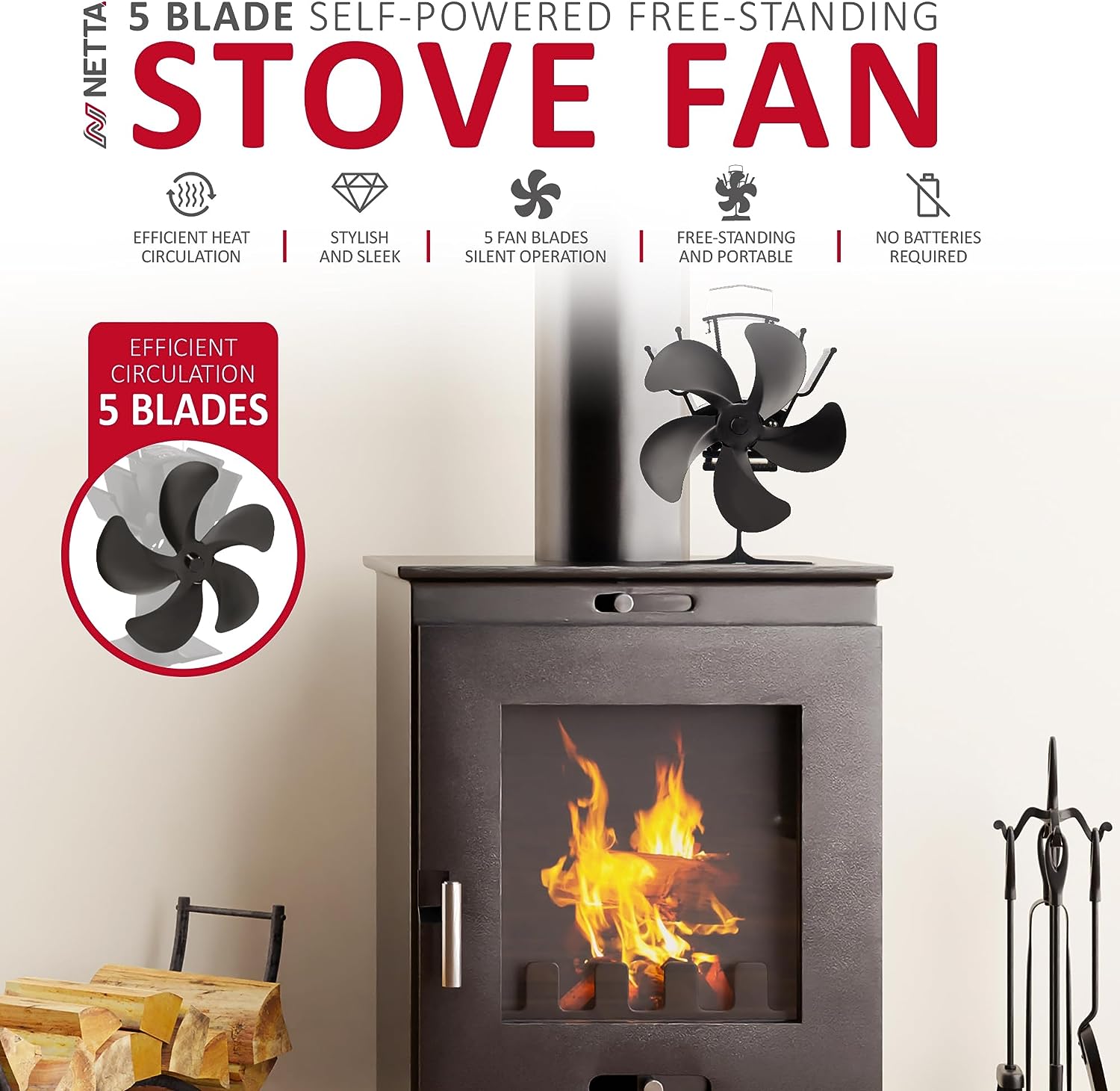 NETTA 5 Blade Heat-Powered Fireplace Stove Fan Silent Operation - Black