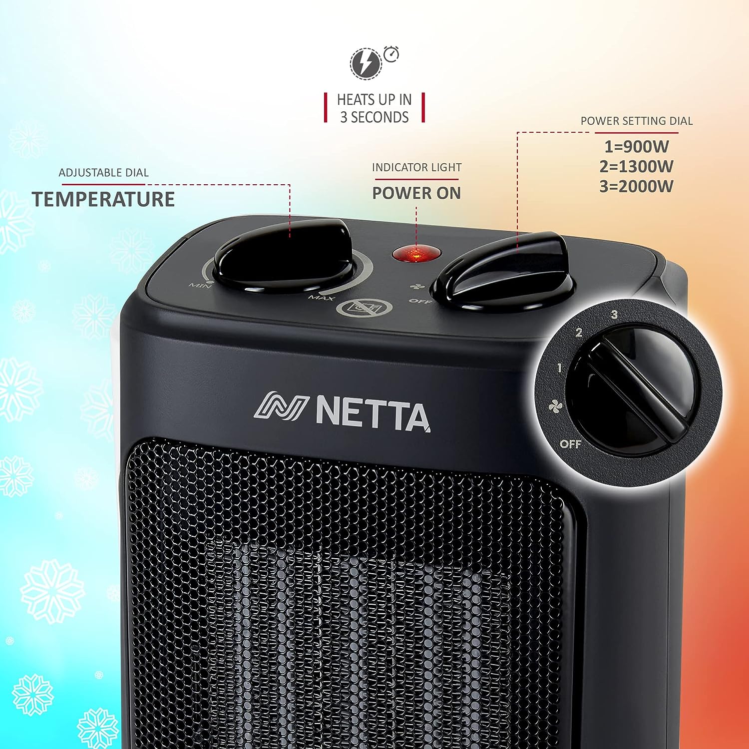 NETTA Heater Ceramic Fan Heater 3 Heat Settings Overheat Protection 2000W