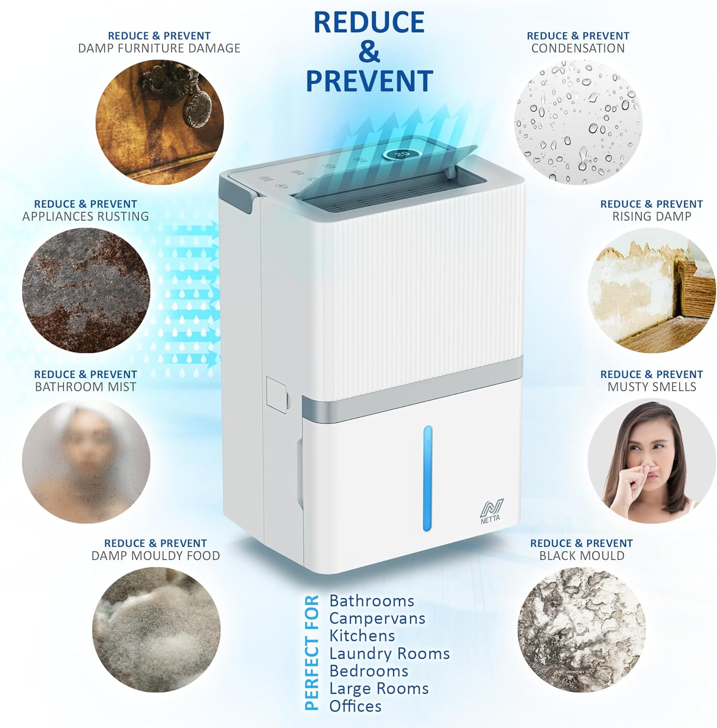 NETTA Dehumidifier 35L/Day - Low noise, Air Filter, Continuous Drainage, Auto Restart, Timer, 5.5L Water Tank, Child Lock