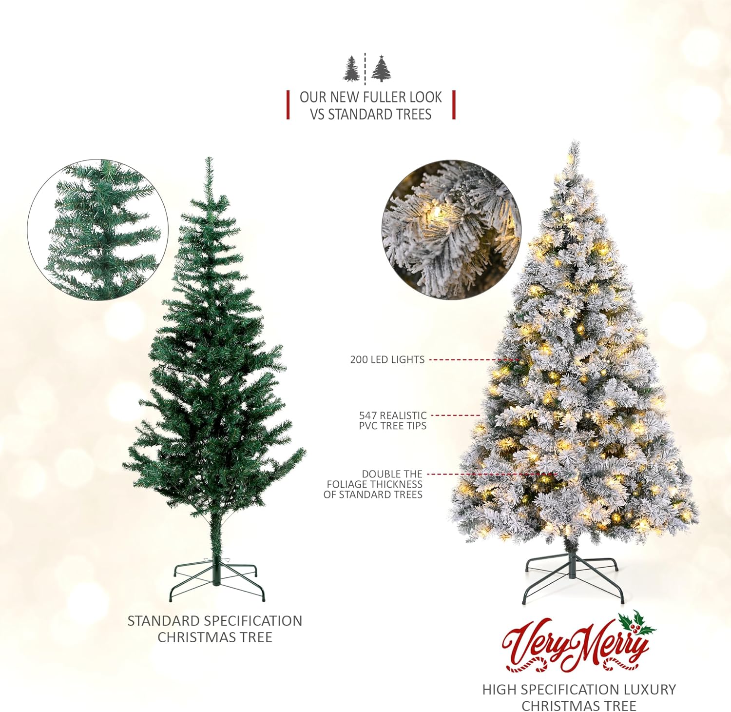 VeryMerry Pre Lit Snowy Christmas Tree with Built-In Warm White LED Lights with Auto-Off Timer