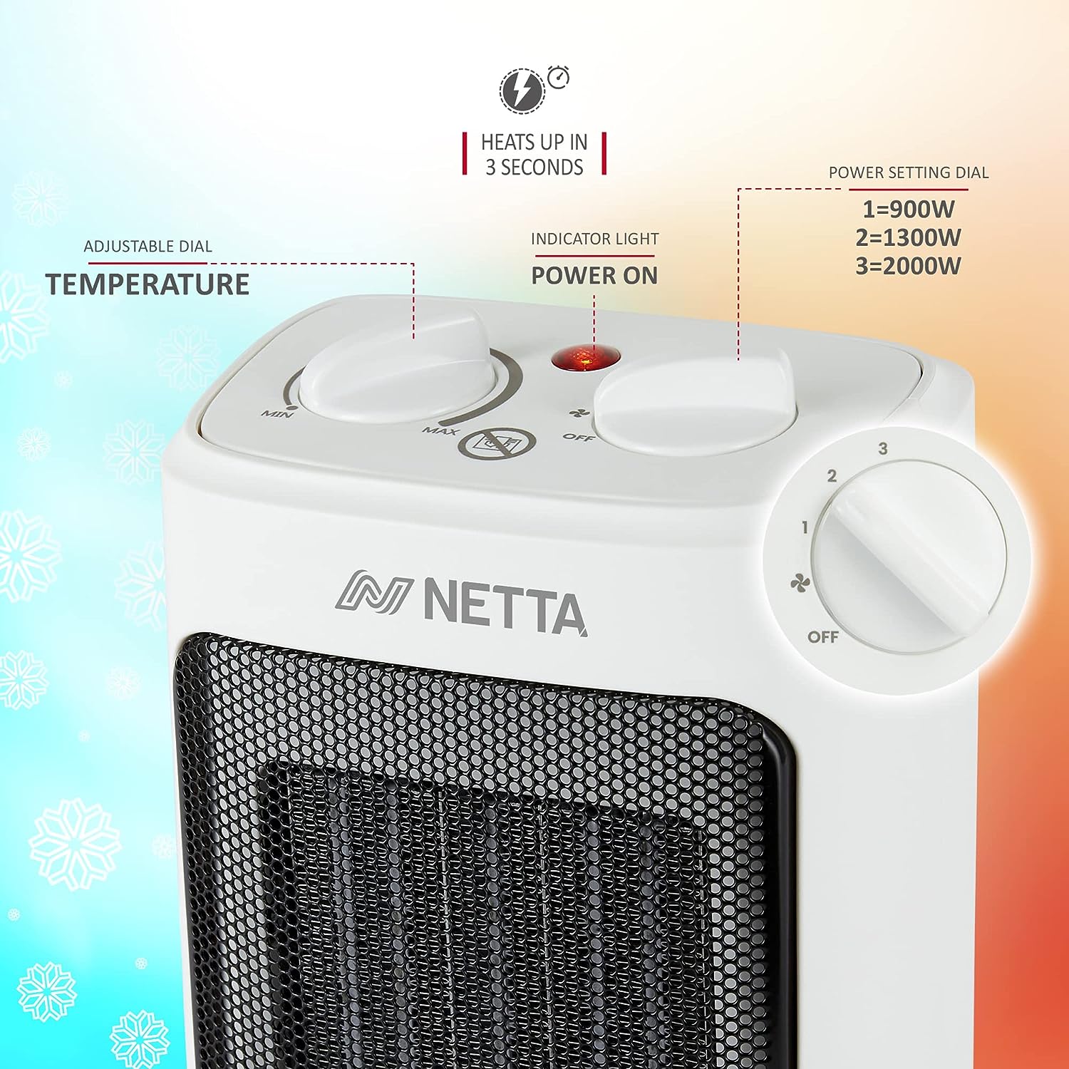 NETTA Heater Ceramic Fan Heater 3 Heat Settings Overheat Protection 2000W