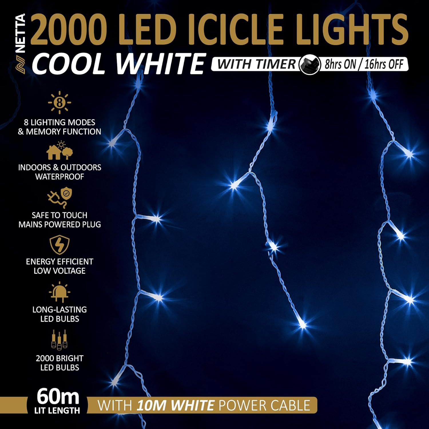 NETTA 2000LED Icicle String Lights - Cool White