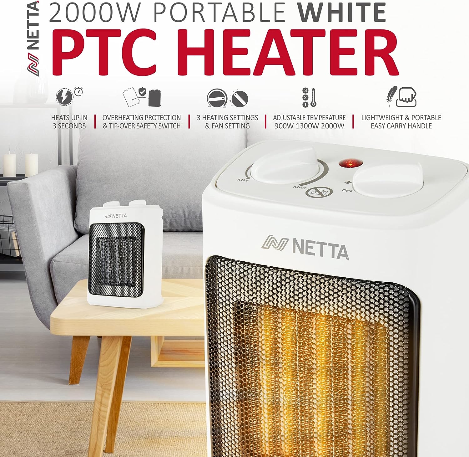 NETTA Heater Ceramic Fan Heater 3 Heat Settings Overheat Protection 2000W