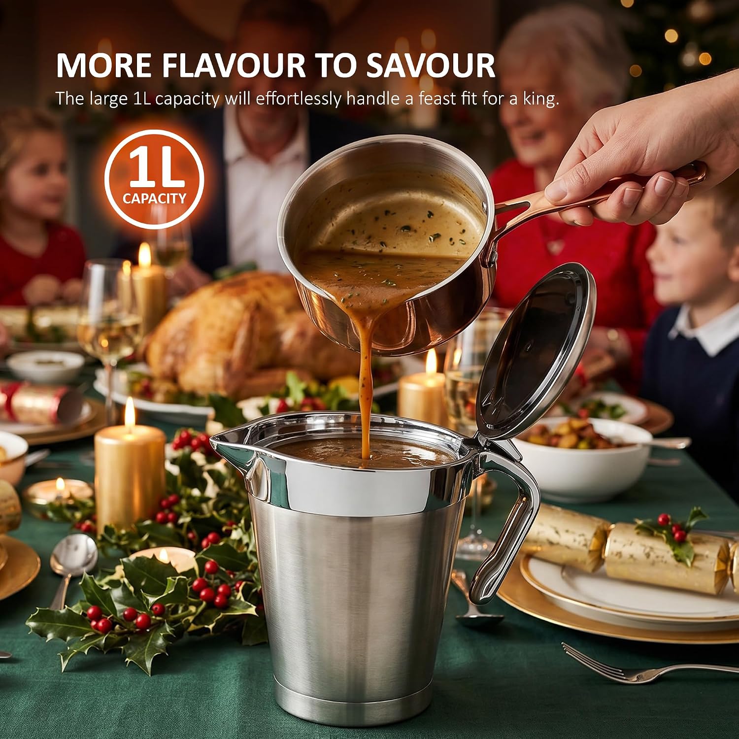 NETTA 1L Gravy Boat Dining Table Sauce Jug Stainless Steel Double Wall Insulation for Gravy, Cream, Custard