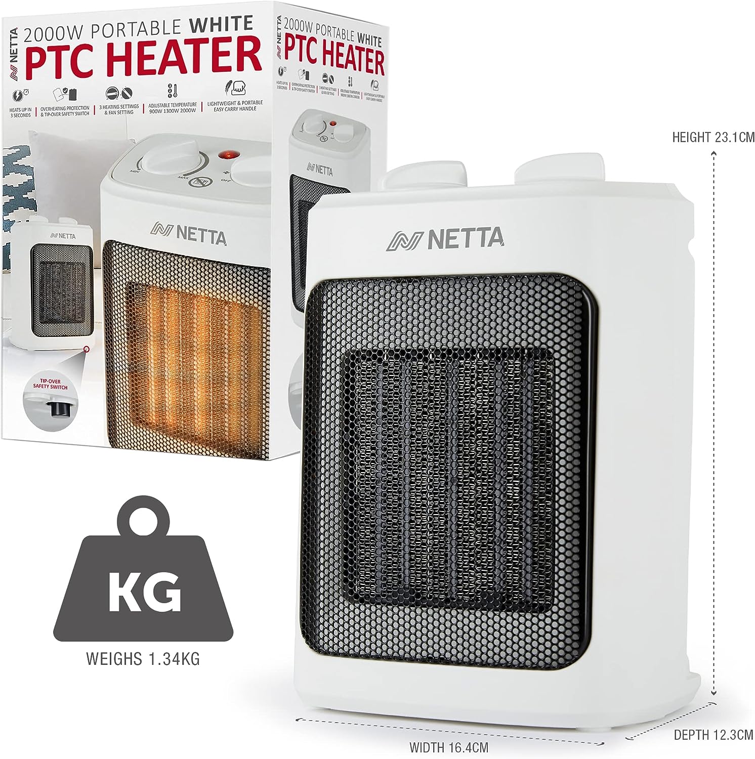 NETTA Heater Ceramic Fan Heater 3 Heat Settings Overheat Protection 2000W