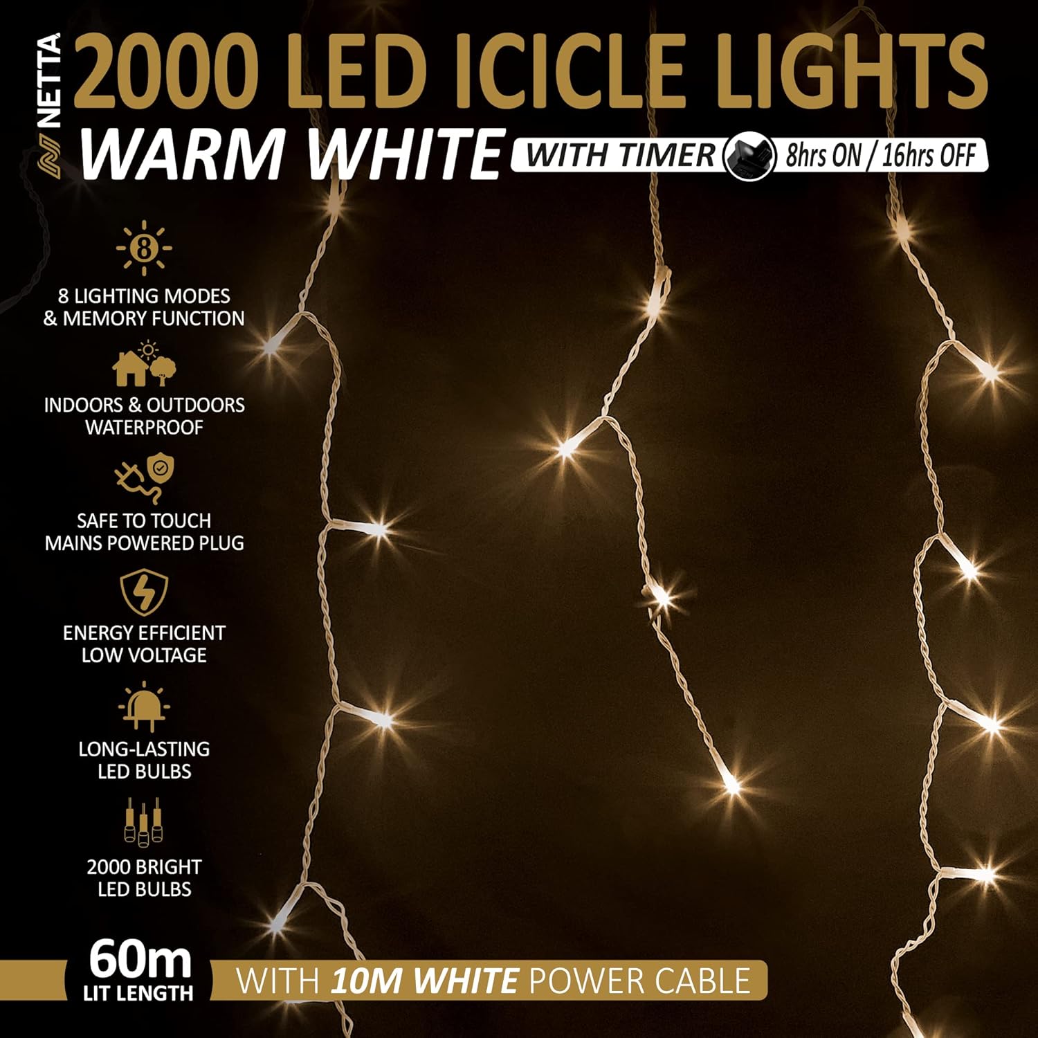 NETTA 2000LED Icicle String Lights - Warm White