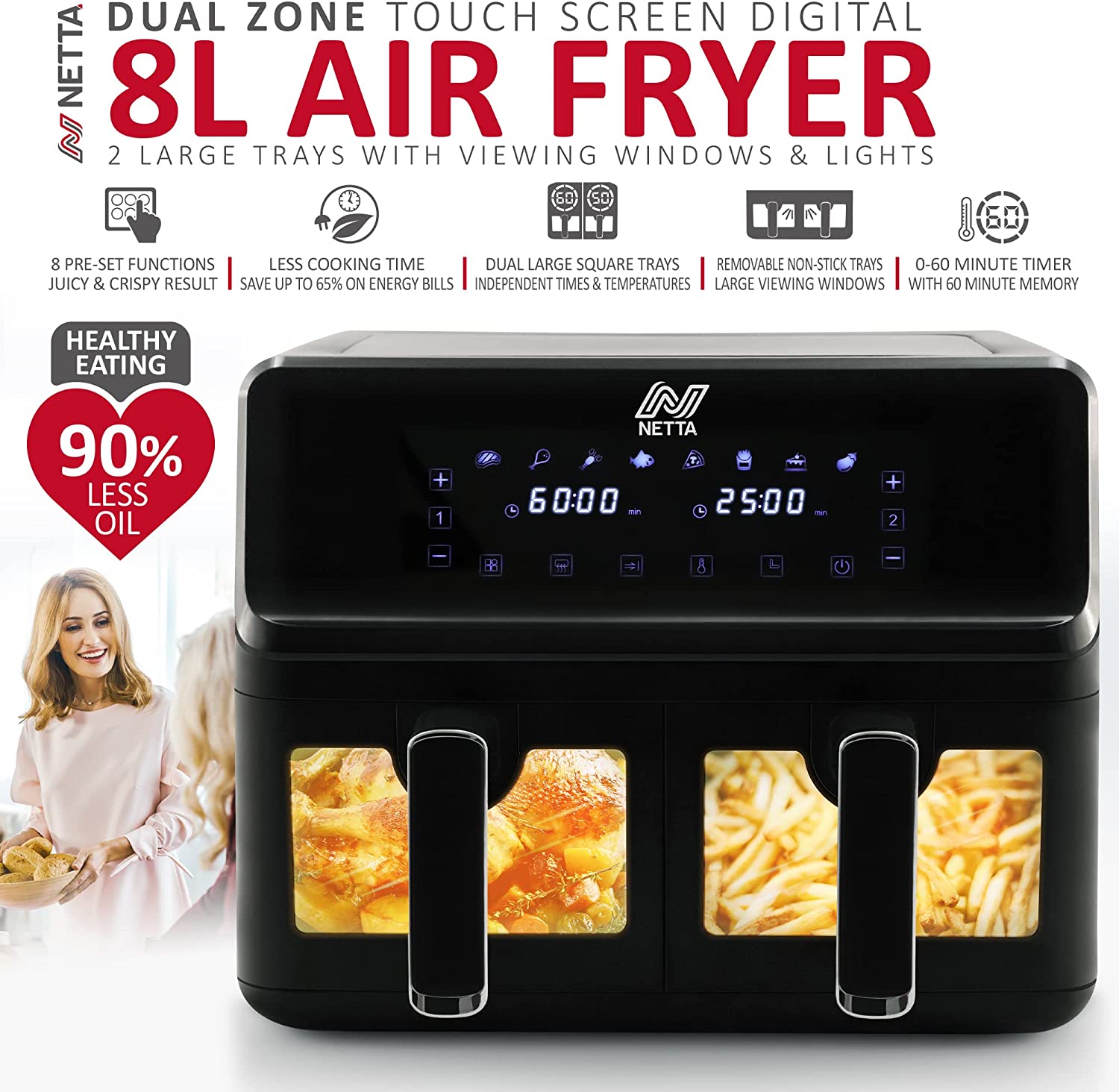 NETTA 9L Dual Basket Air Fryer with Digital Smart Programmes