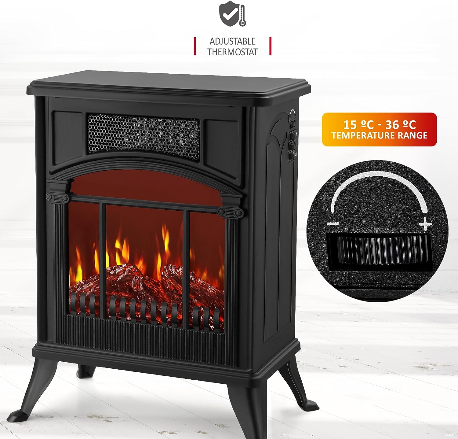 NETTA 1900W Freestanding Stove Heater With Realistic Fire Flame Effect