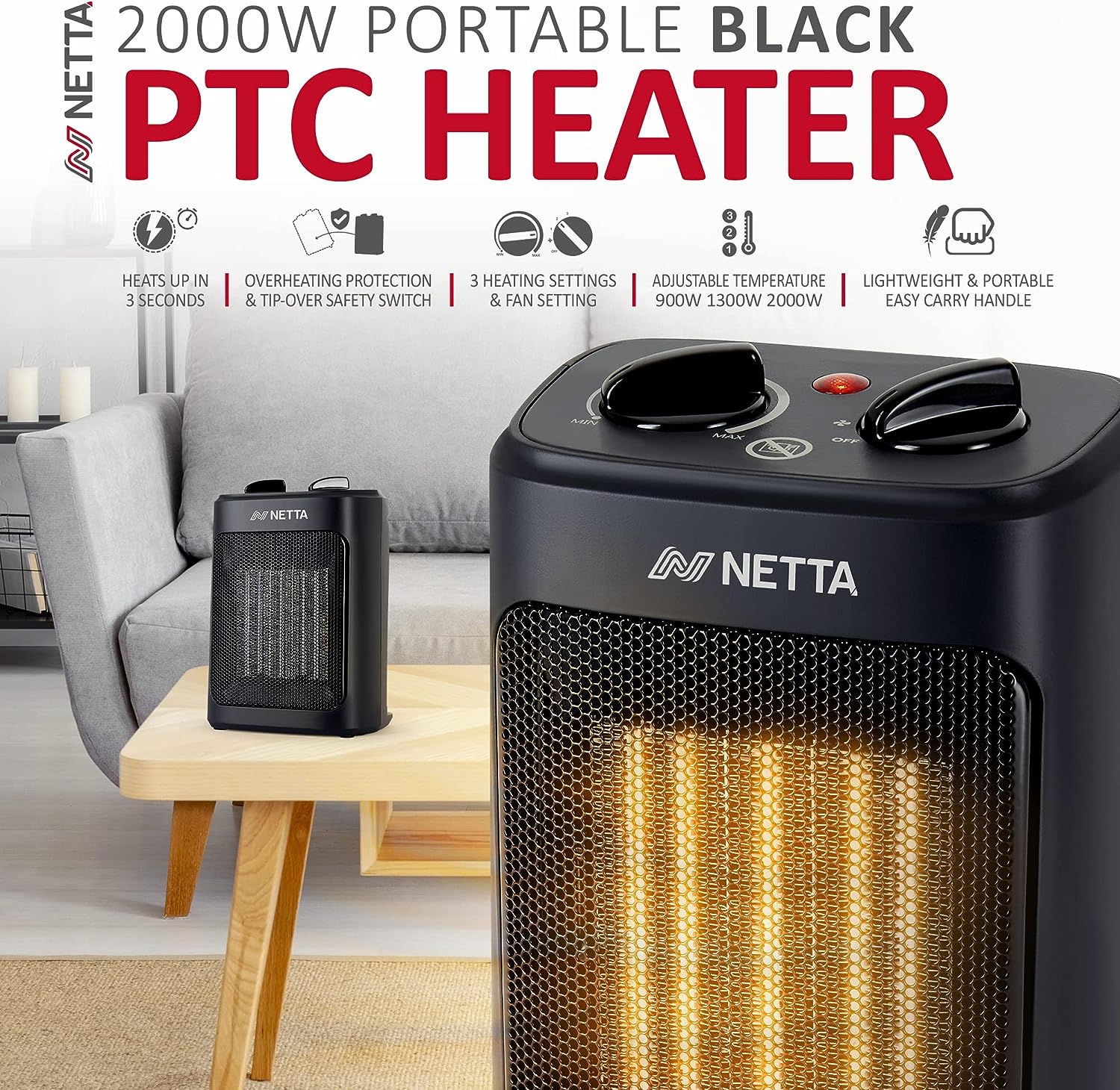 NETTA Heater Ceramic Fan Heater 3 Heat Settings Overheat Protection 2000W