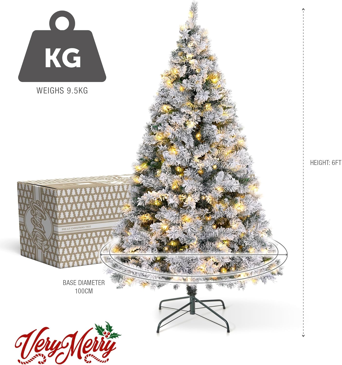 VeryMerry Pre Lit Snowy Christmas Tree with Built-In Warm White LED Lights with Auto-Off Timer