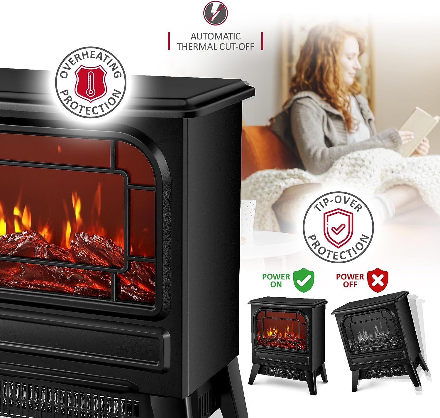 NETTA 1950W Freestanding Stove Heater With Realistic Fire Flame Effect