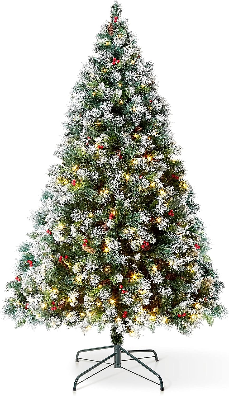 VeryMerry 6FT 'Claudia' Pre-Lit Christmas Tree with 300 Built-In Warm White LED Lights with Auto-Off Timer, 8 Lighting Modes, Decorative Pinecones and Berries