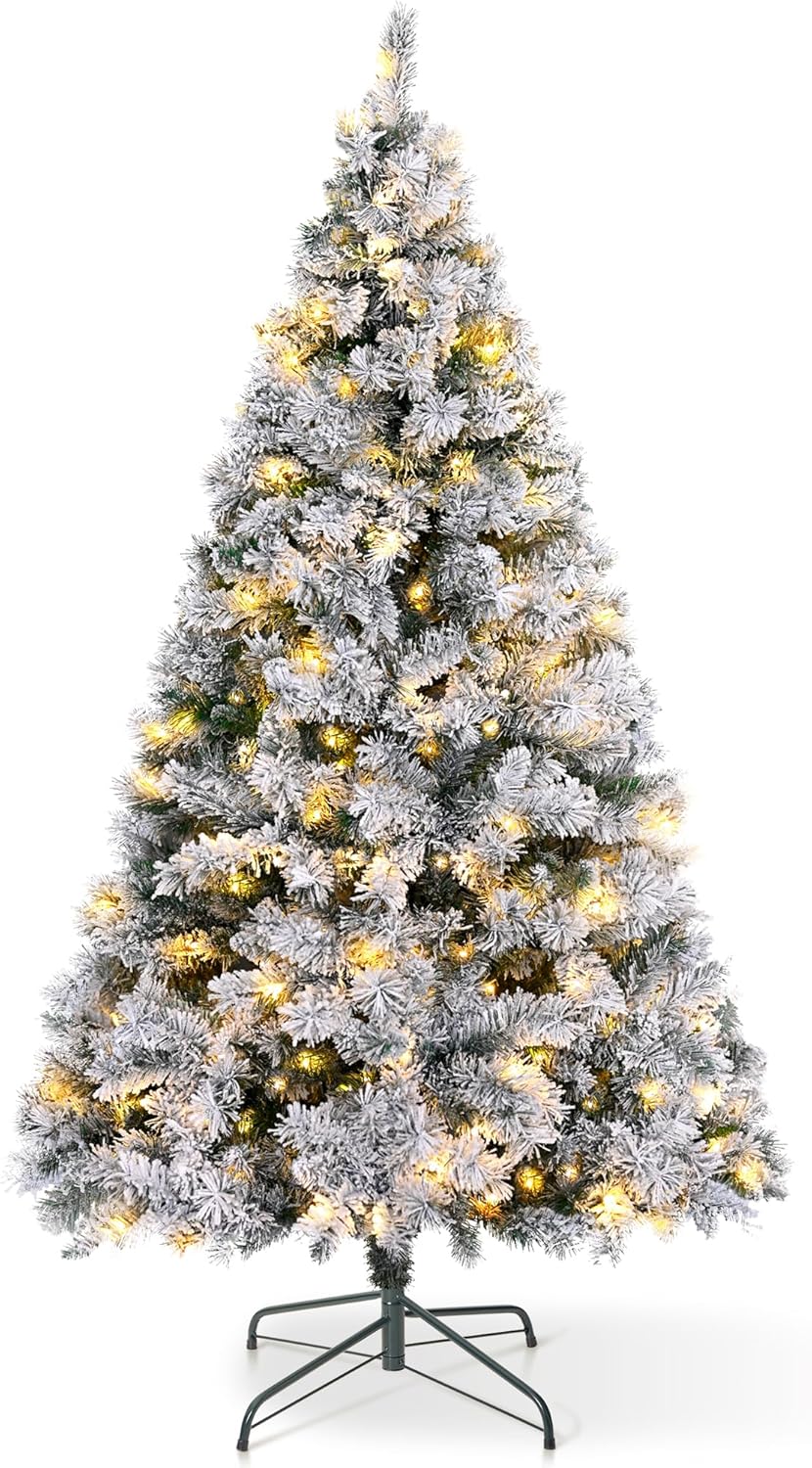 VeryMerry Pre Lit Snowy Christmas Tree with Built-In Warm White LED Lights with Auto-Off Timer