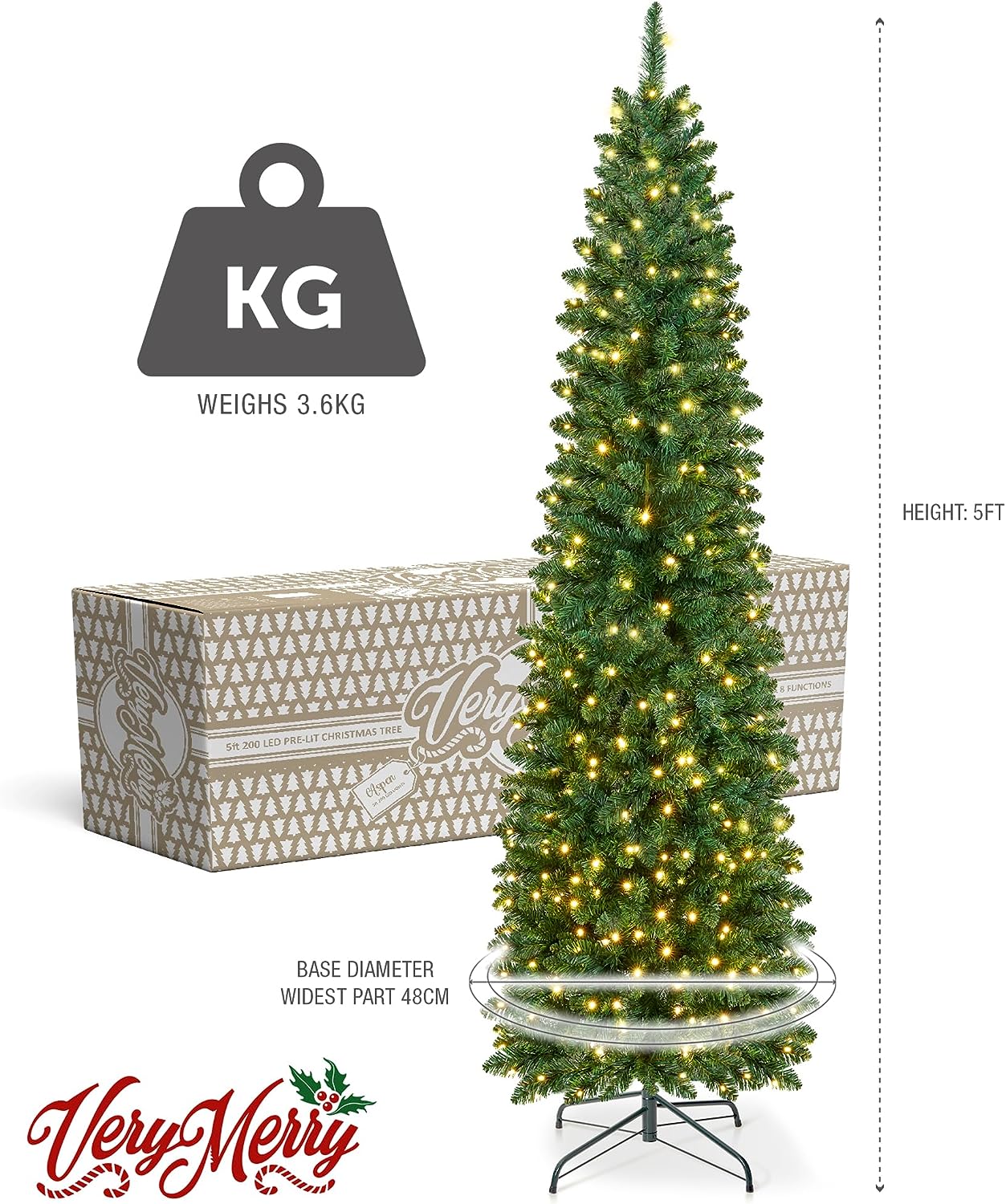 VeryMerry 'Aspen' Slim Pencil Pre Lit Christmas Tree Built-In Warm White LED Lights