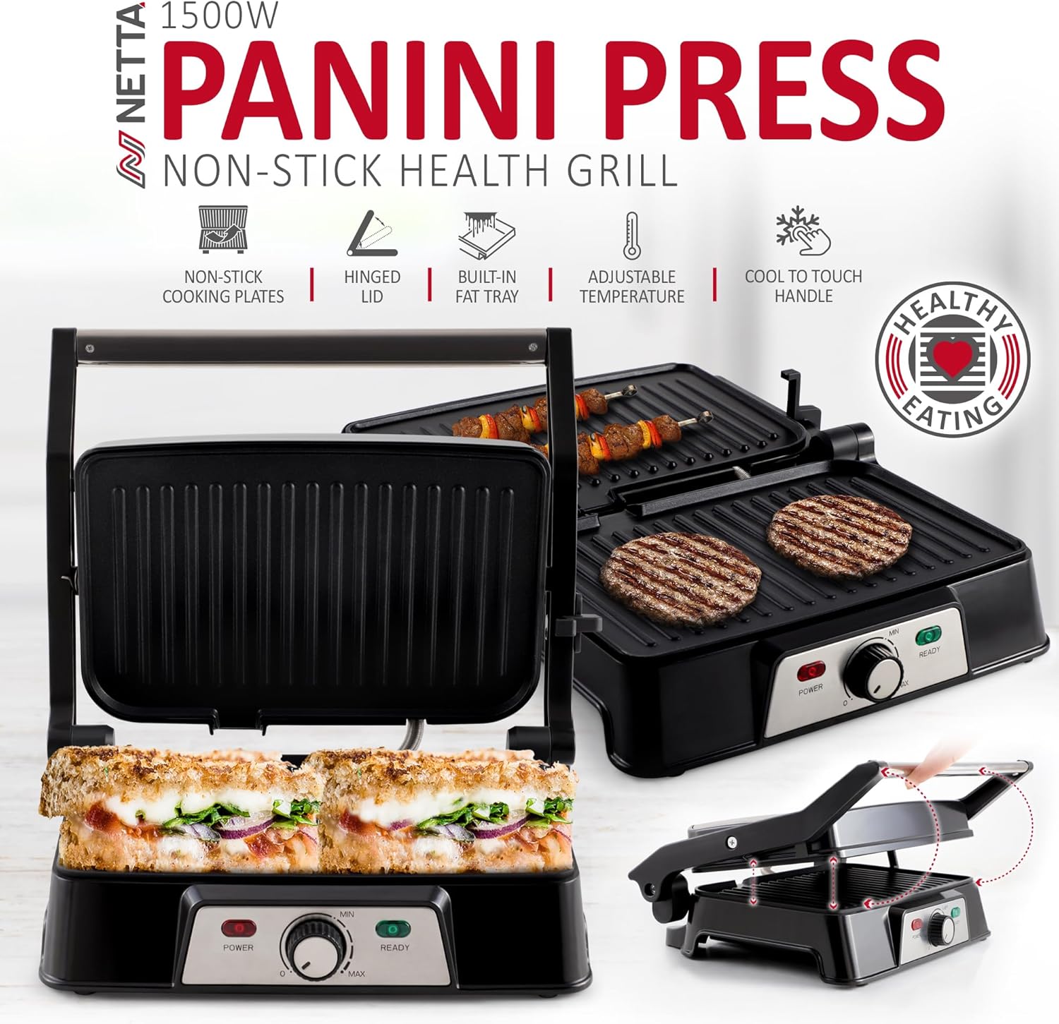 NETTA 1500W 2-Slice Panini Maker & Health Grill