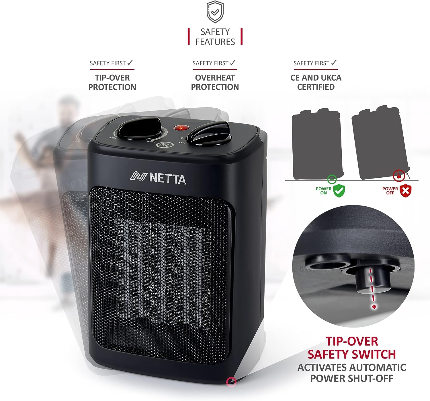 NETTA Heater Ceramic Fan Heater 3 Heat Settings Overheat Protection 2000W