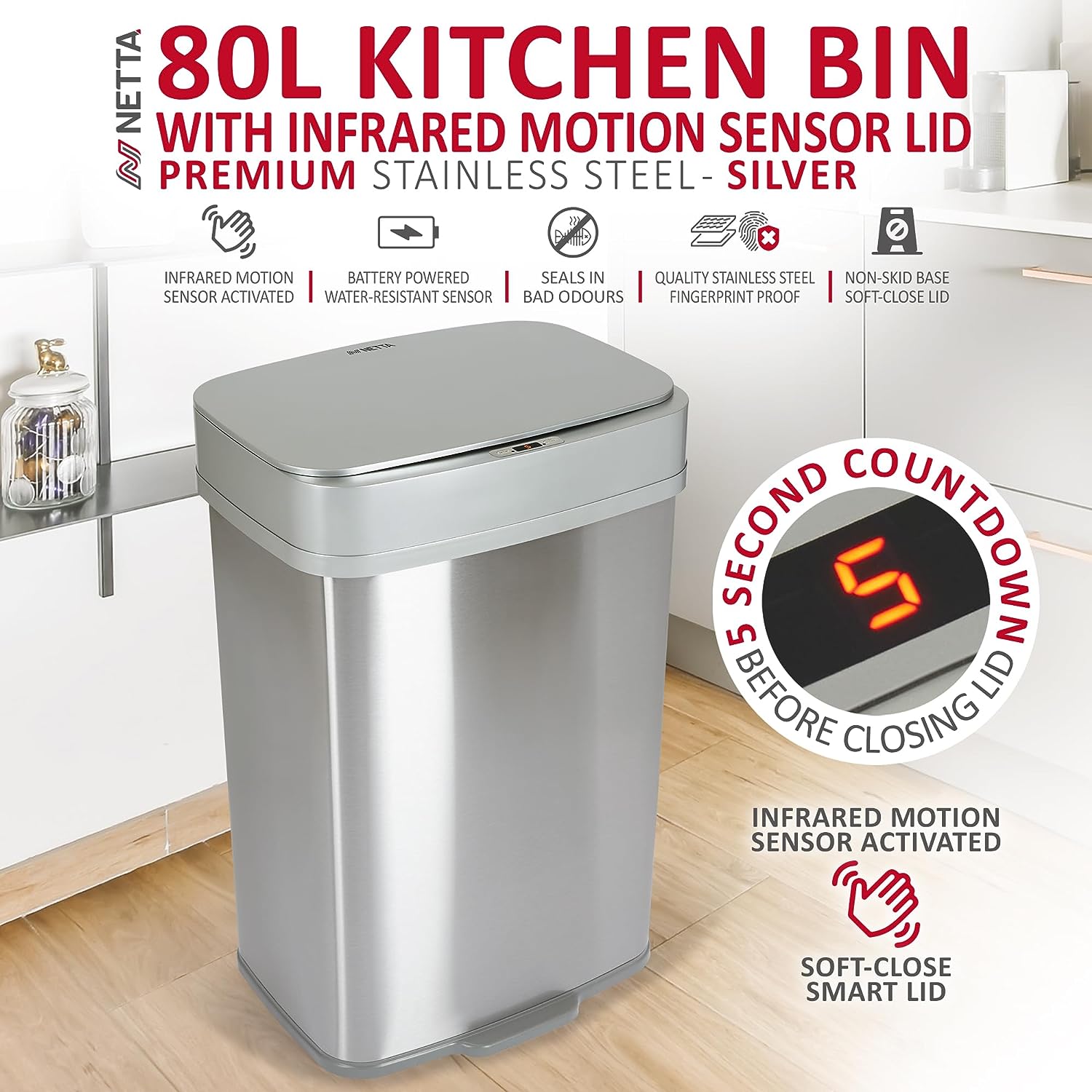 NETTA Rectangular Sensor Bin - Stainless Steel - 80L