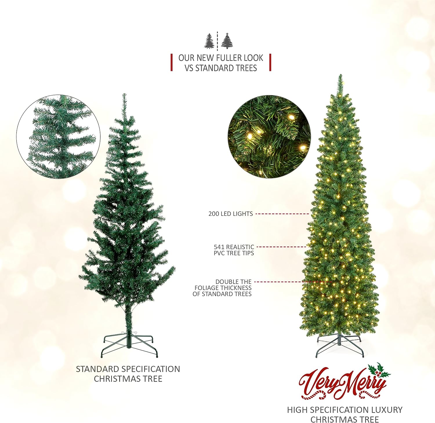 VeryMerry 'Aspen' Slim Pencil Pre Lit Christmas Tree Built-In Warm White LED Lights