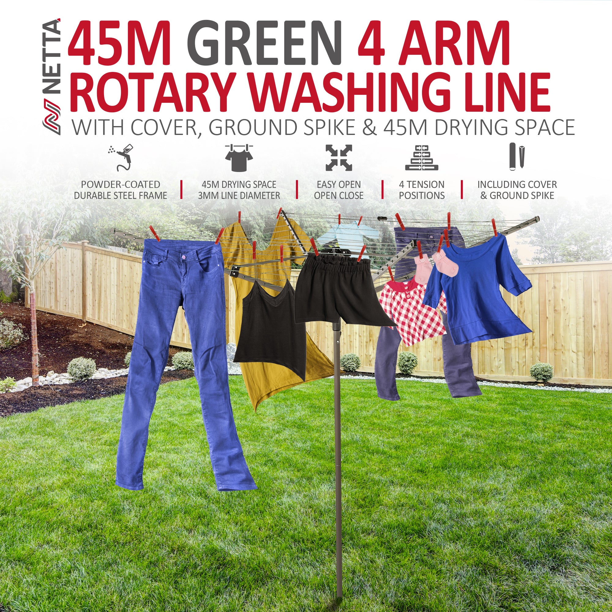 NETTA 45M Rotary Washing Line Airer - Cover And Ground Spike Included