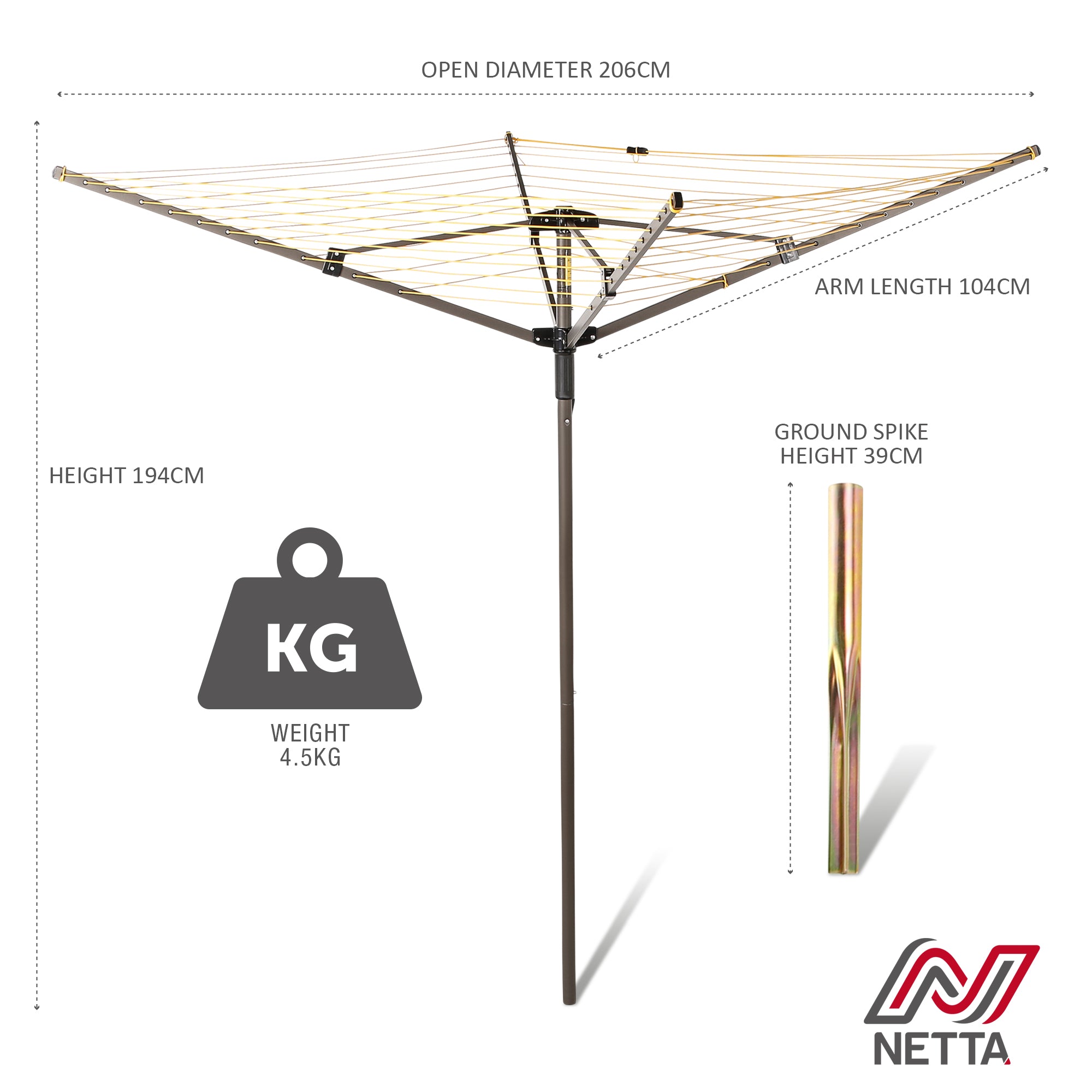 NETTA 45M Rotary Washing Line Airer - Cover And Ground Spike Included